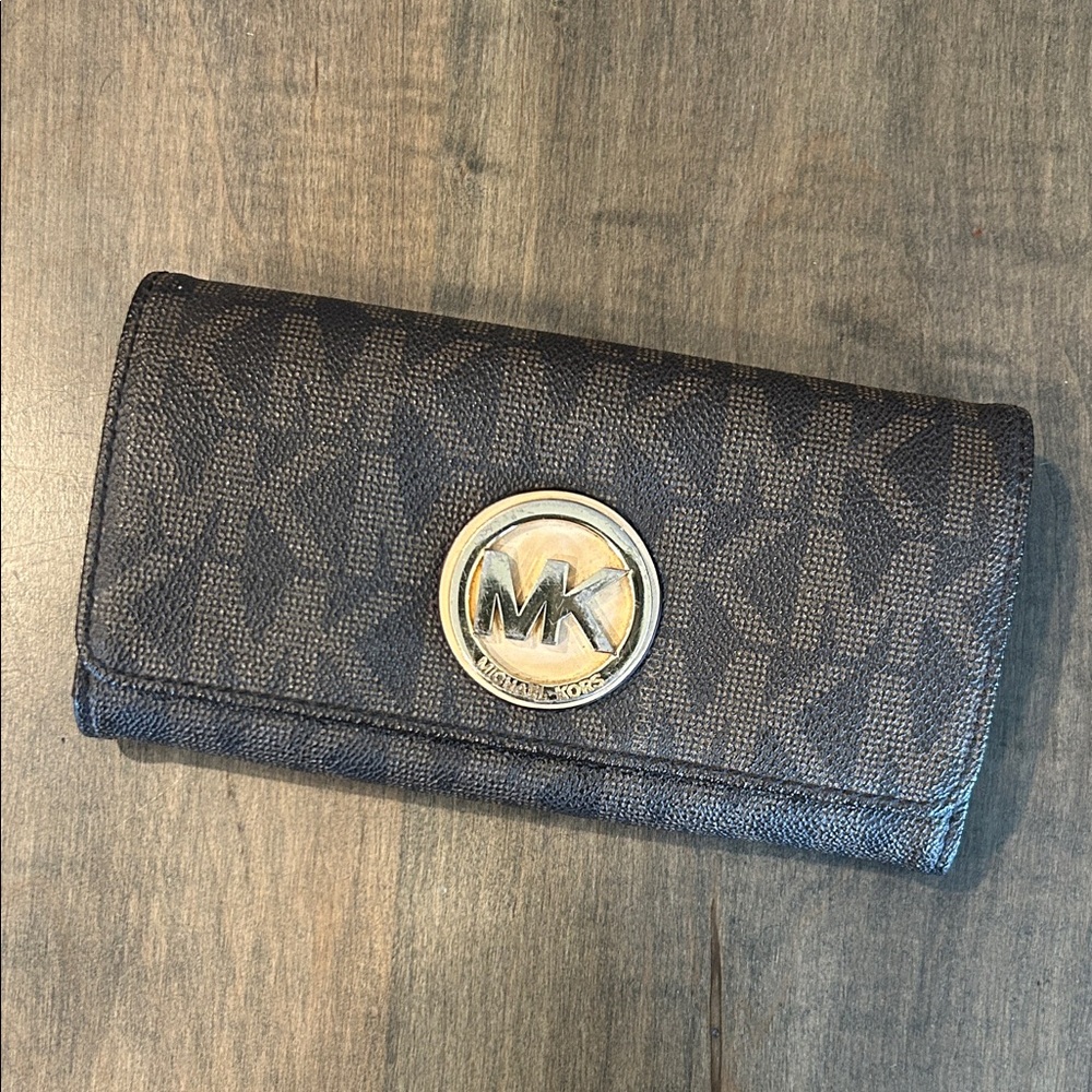 Michael Kors Dark Brown Logo Continental Wallet with Gold MK Emblem